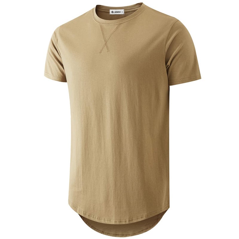 KLIEGOU Mens 100% Cotton Hipster Hip Hop Longline Crewneck T-Shirt Khaki XL(66) - Image 1